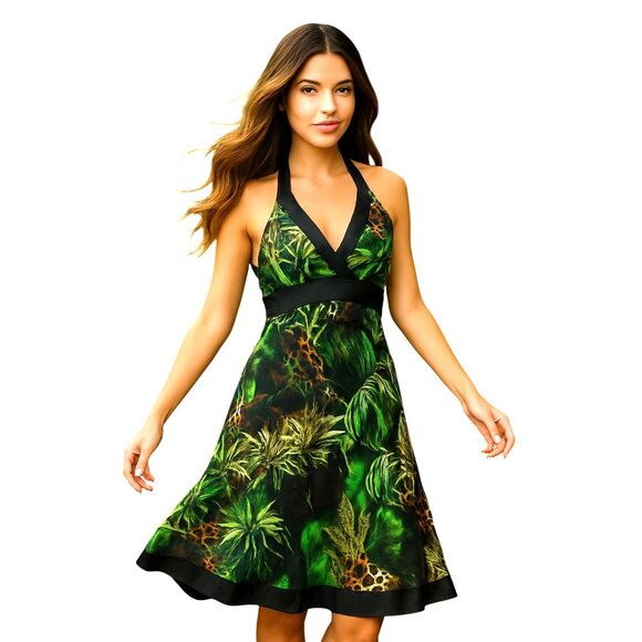Cache Size Medium Green Jungle Print Silk Halter Dress Tropical Chic Resort Core - Picture 15 of 15